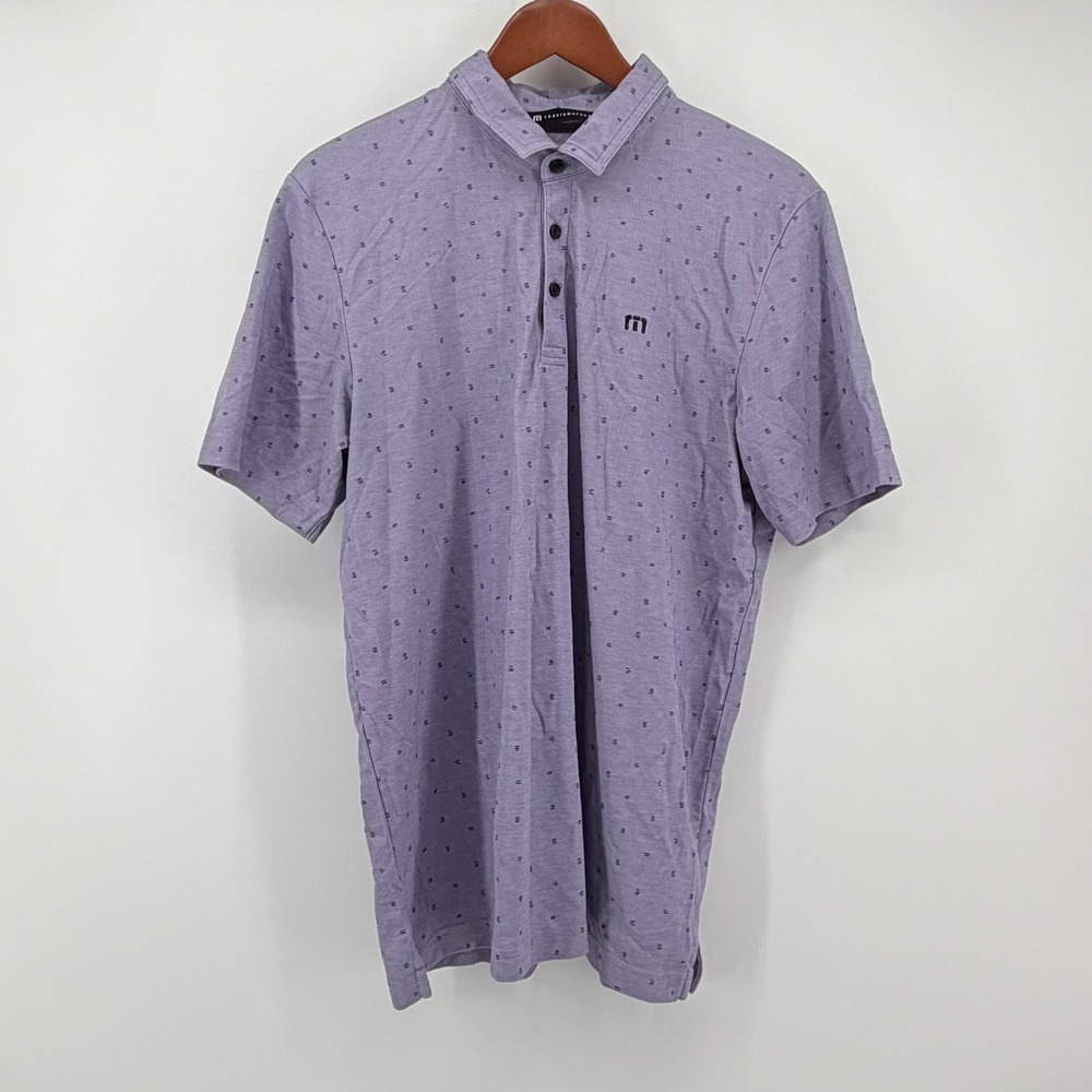 TravisMathew Mens Large Always Summer Polo Shirt Purple Geometric Micro Print